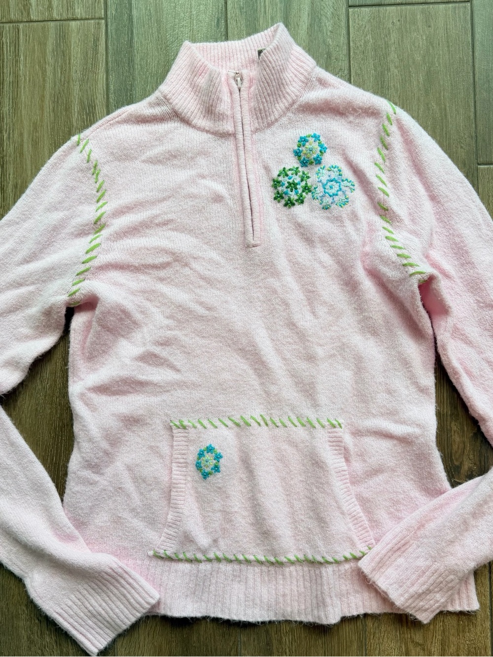 White Stag Light Pink Half-Zip Pullover with Green and Blue Floral Embroidery